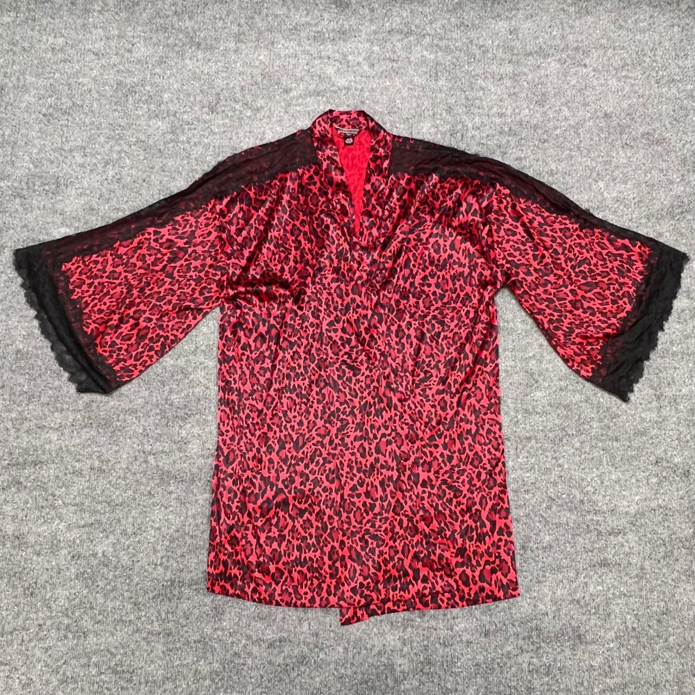 Victoria's Secret Robe Womens XL XXL Red Leopard Satin Lace Trim Kimono No Belt